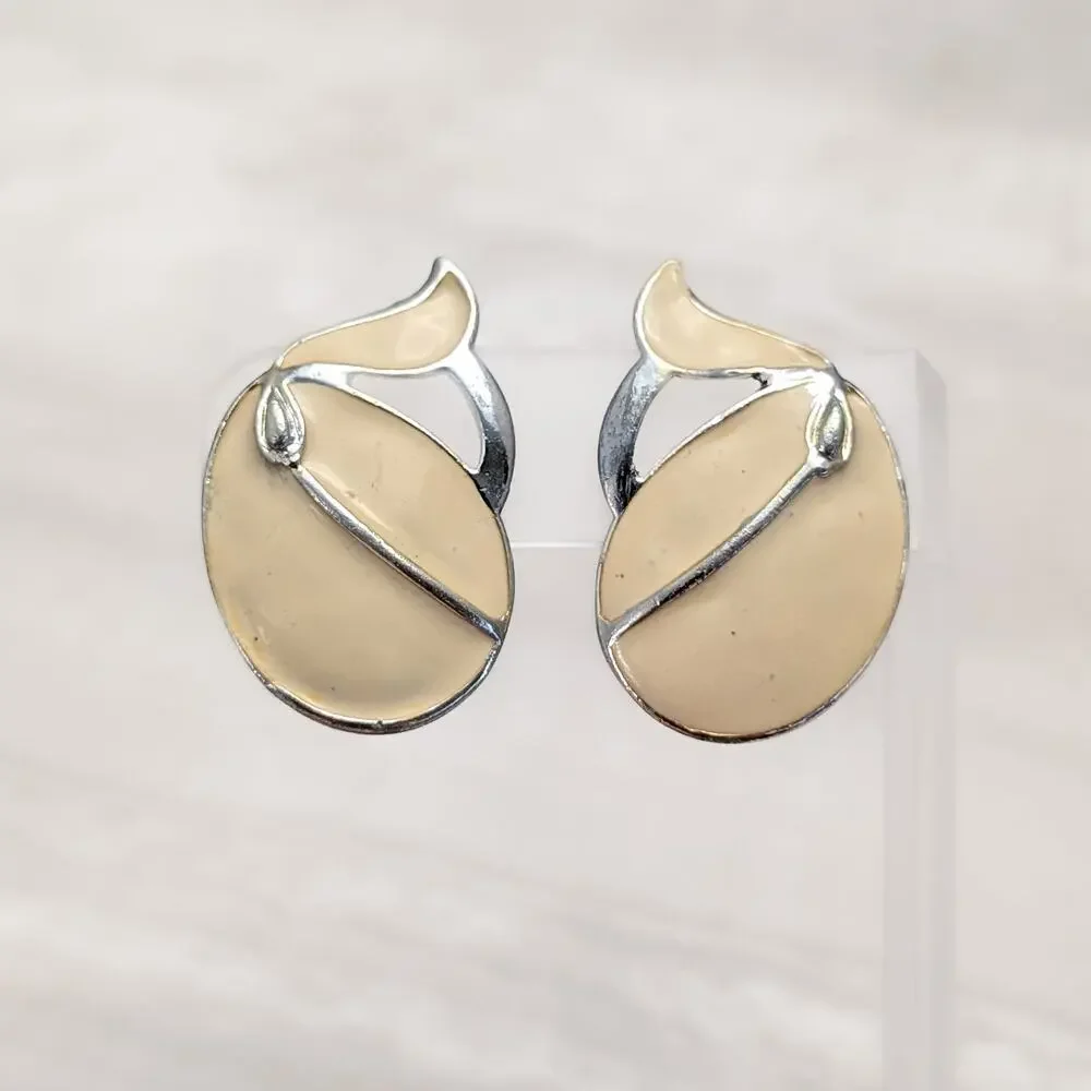Vintage Clip On Earrings Large Cream Enamel & Silver Tone - Condition Issues